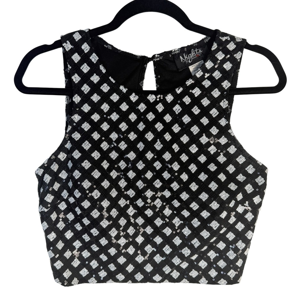 Nights by Teeze Me Black White Sequin Checkerboard Crop Top Keyhole Back Size 11